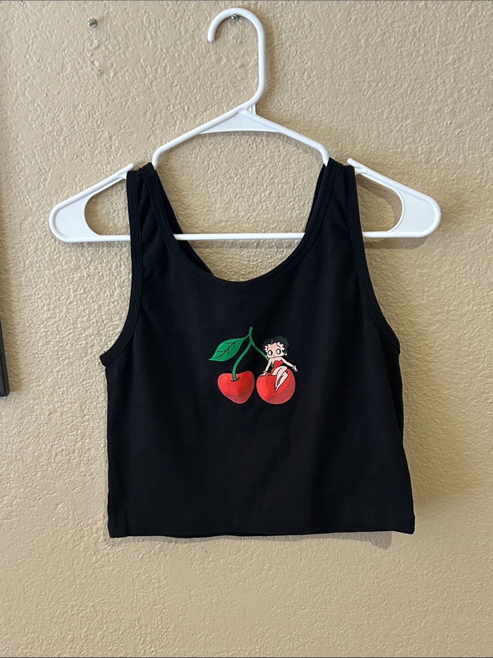 Betty Boop Cherry Graphic Black Cropped Tank Top Fleischer Studios XL Y2K